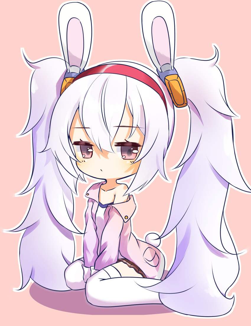 1girl absurdres animal_ears azur_lane bangs between_legs camisole chibi closed_mouth collarbone commentary_request eyebrows_visible_through_hair fake_animal_ears full_body hair_between_eyes hair_ornament hairband hand_between_legs highres jacket laffey_(azur_lane) long_hair long_sleeves looking_at_viewer off-shoulder_jacket open_clothes open_jacket outline pink_background pink_jacket pleated_skirt poppypilf rabbit_ears red_hairband red_skirt shadow sidelocks simple_background single_bare_shoulder sitting skirt solo thigh-highs twintails very_long_hair violet_eyes wariza white_camisole white_hair white_legwear