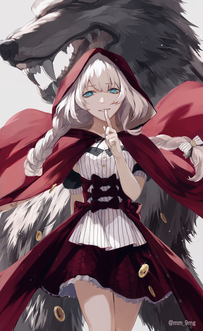 1girl absurdres bangs blue_eyes bow braid breasts cape commentary_request detached_sleeves dress eyebrows_visible_through_hair fate/grand_order fate_(series) finger_to_mouth fur_trim hair_bow hair_ornament hat heroic_spirit_festival_outfit highres hood hood_up long_hair looking_at_viewer marie_antoinette_(fate/grand_order) medium_breasts mg_(ehme3725) parted_lips red_bow red_cape red_dress red_hood sharp_teeth short_sleeves silver_hair smile solo teeth twin_braids twintails twitter_username very_long_hair white_bow wolf