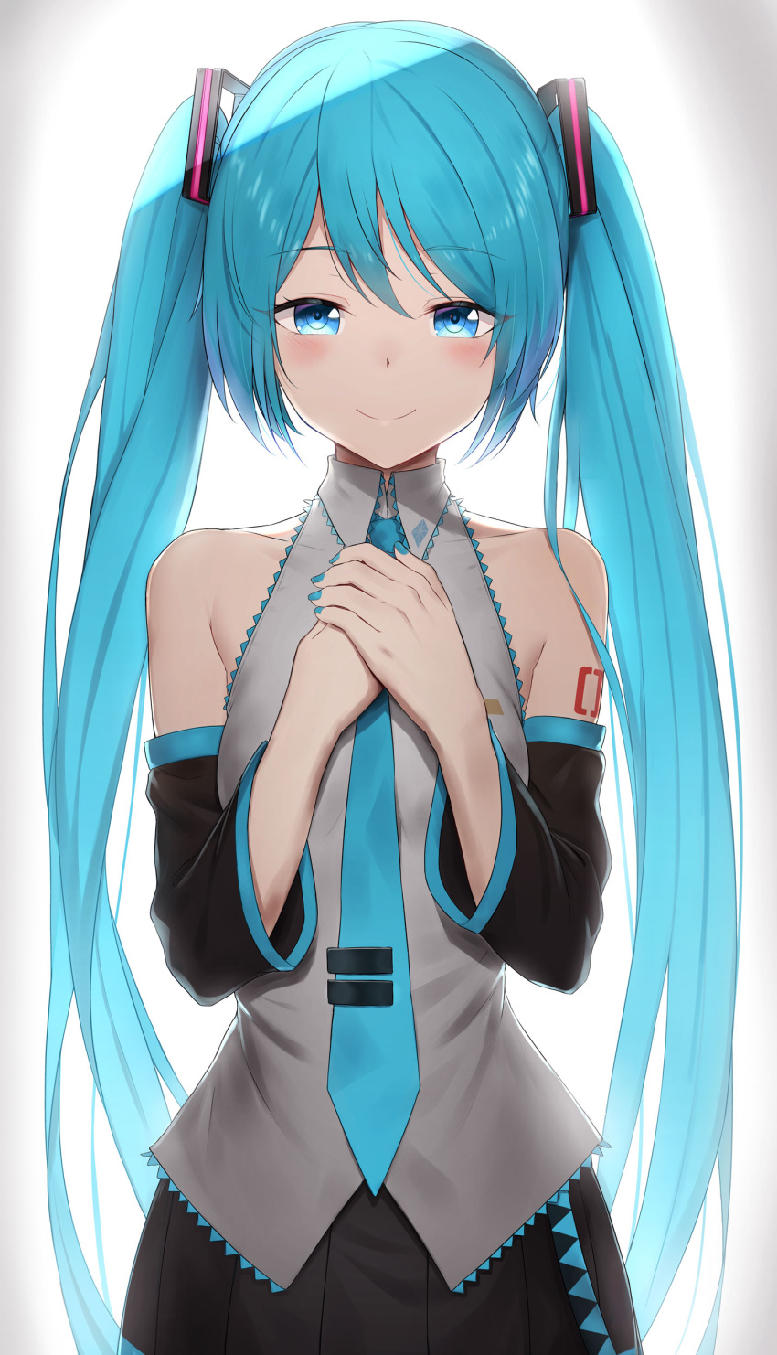 1girl absurdres aqua_eyes aqua_hair aqua_nails aqua_neckwear backlighting bare_shoulders belt bibboss39 black_skirt black_sleeves blush collarbone commentary cowboy_shot detached_sleeves grey_shirt hair_ornament half-closed_eyes hands_on_own_chest hands_together hatsune_miku highres long_hair looking_at_viewer nail_polish necktie number_tattoo own_hands_together pleated_skirt shirt shoulder_tattoo skirt sleeveless sleeveless_shirt smile solo standing tattoo tie_clip twintails very_long_hair vignetting vocaloid