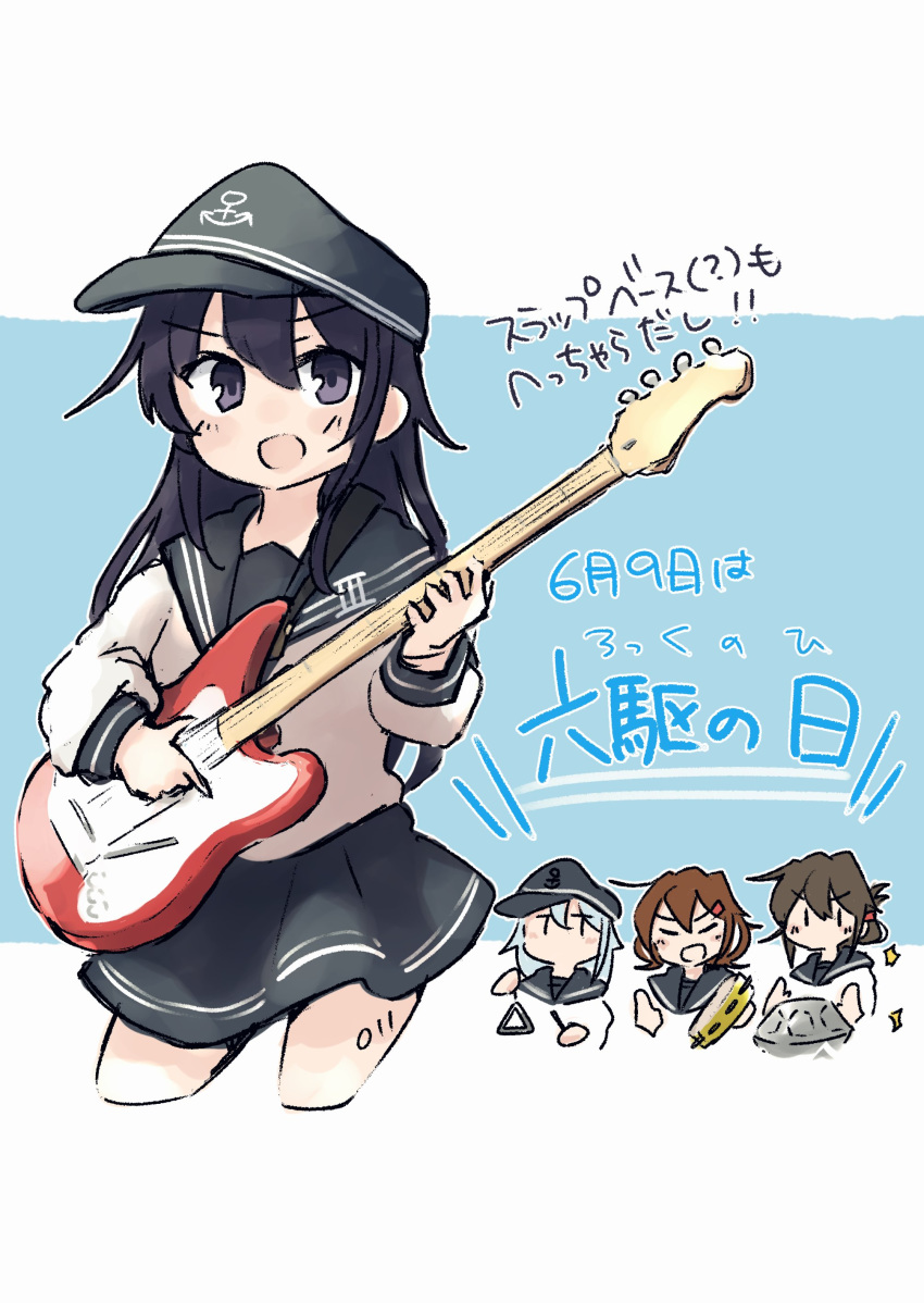 4girls absurdres akatsuki_(kantai_collection) anchor_symbol black_headwear black_sailor_collar black_skirt blush brown_hair cropped_legs electric_guitar eyebrows_visible_through_hair flat_cap folded_ponytail guitar hair_between_eyes hair_ornament hairclip hat hibiki_(kantai_collection) highres ikazuchi_(kantai_collection) inazuma_(kantai_collection) instrument kantai_collection long_hair long_sleeves ma_rukan multiple_girls music neckerchief playing_instrument pleated_skirt purple_hair red_neckwear sailor_collar school_uniform serafuku short_hair signature silver_hair skirt tambourine translation_request triangle_(instrument) v-shaped_eyebrows violet_eyes