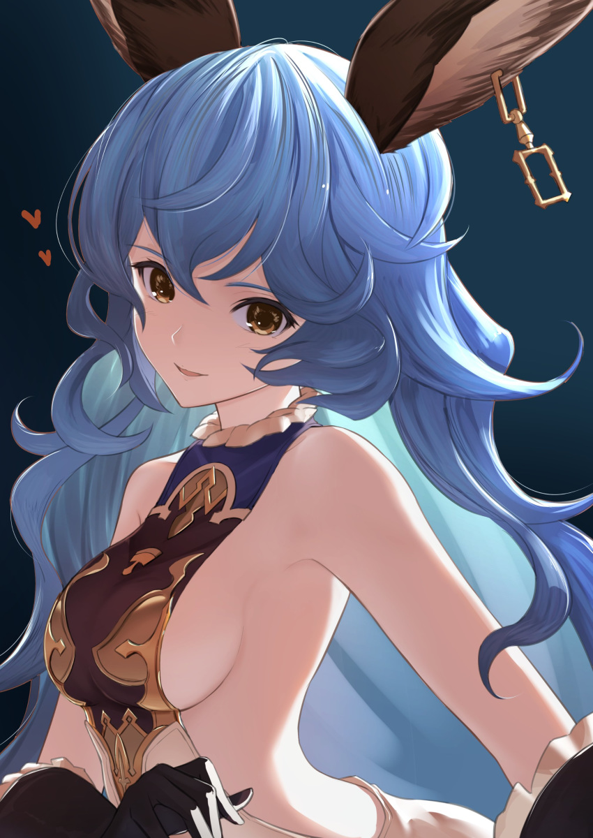 1girl absurdres aiu_eo animal_ears backless_outfit bare_shoulders blue_hair breasts ferry_(granblue_fantasy) gloves granblue_fantasy heart highres jewelry sideboob single_earring smile solo solo_focus yellow_eyes