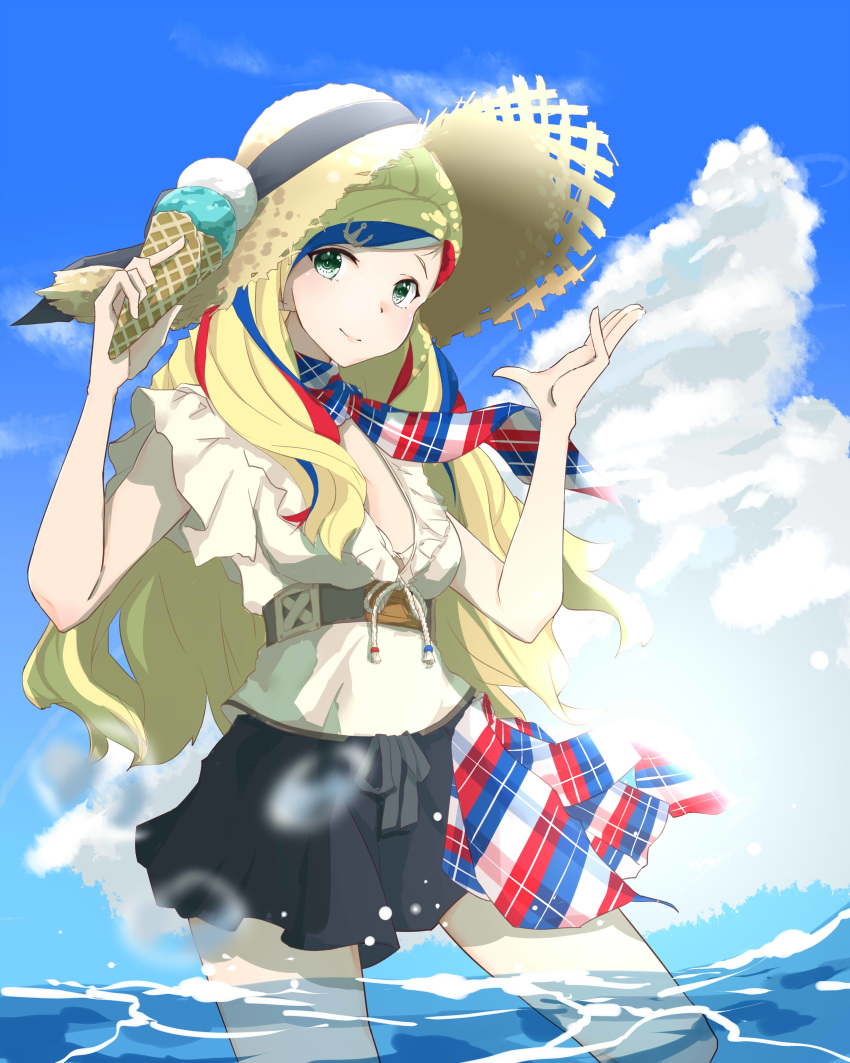 1girl absurdres anchor_hair_ornament bangs bikini bikini_top black_skirt blonde_hair blue_eyes blue_hair breasts commandant_teste_(kantai_collection) food hair_ornament hat highres holding holding_food ice_cream ice_cream_cone kantai_collection long_hair looking_at_viewer medium_breasts multicolored multicolored_clothes multicolored_hair multicolored_scarf neve ocean partially_submerged redhead scarf skirt smile solo straw_hat streaked_hair swept_bangs swimsuit swimsuit_under_clothes water white_bikini white_hair