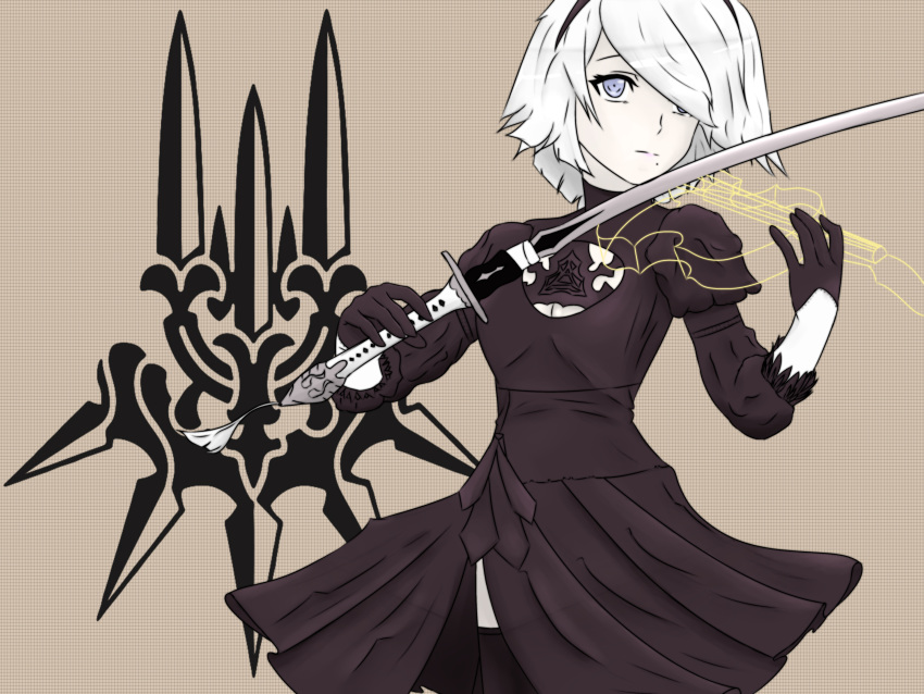 1girl :| absurdres black_dress black_hairband cleavage_cutout closed_mouth dress eyebrows_behind_hair feather-trimmed_sleeves gloves hairband highres instrument juliet_sleeves katana long_sleeves mole mole_under_mouth nier_(series) nier_automata no_blindfold puffy_sleeves shippaidayo silver_hair sword thigh-highs violin weapon white_hair yorha yorha_no._2_type_b