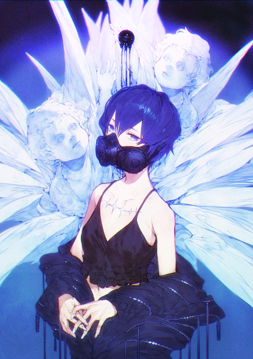 1girl absurdres angel black_jacket blue_background blue_eyes blue_hair blue_theme breasts camisole collarbone commentary_request covered_mouth crop_top dripping frills gas_mask hair_between_eyes highres huge_filesize jacket long_sleeves looking_at_viewer navel off_shoulder original own_hands_together scar short_hair sleeveless small_breasts solo spaghetti_strap statue symbol_commentary takeno_(hashi_falcon) upper_body