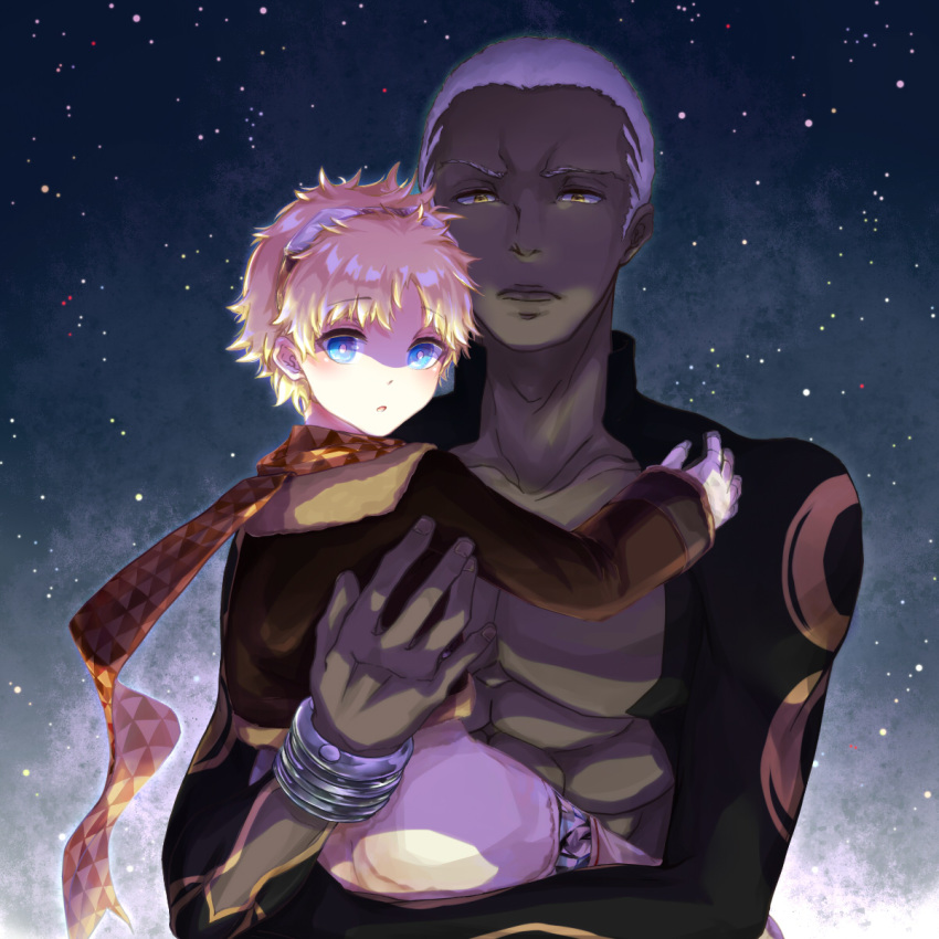 2boys :o alter_servant alternate_costume archer_alter bangs blonde_hair blue_eyes bright_pupils chest dark_skin dark_skinned_male emiya_alter eyebrows_visible_through_hair fate/grand_order fate/requiem fate_(series) gloves goggles goggles_on_head highres holding_another looking_at_another looking_at_viewer male_focus multiple_boys muscle open_mouth pants parted_bangs reanisu_lunashi scarf sky spacesuit star_(sky) starry_sky upper_body voyager_(fate/requiem) white_hair yellow_eyes yellow_scarf