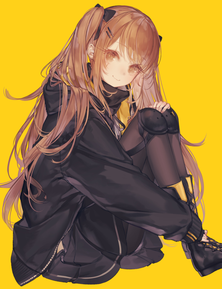 1girl absurdres boots brown_eyes brown_hair girls_frontline hair_ornament hair_ribbon hairpin highres jacket knee_pads knees_to_chest long_hair long_sleeves looking_at_viewer pantyhose ribbon scar scar_across_eye skirt smile solo twintails ump9_(girls_frontline) yellow_background yoggi_(stretchmen)