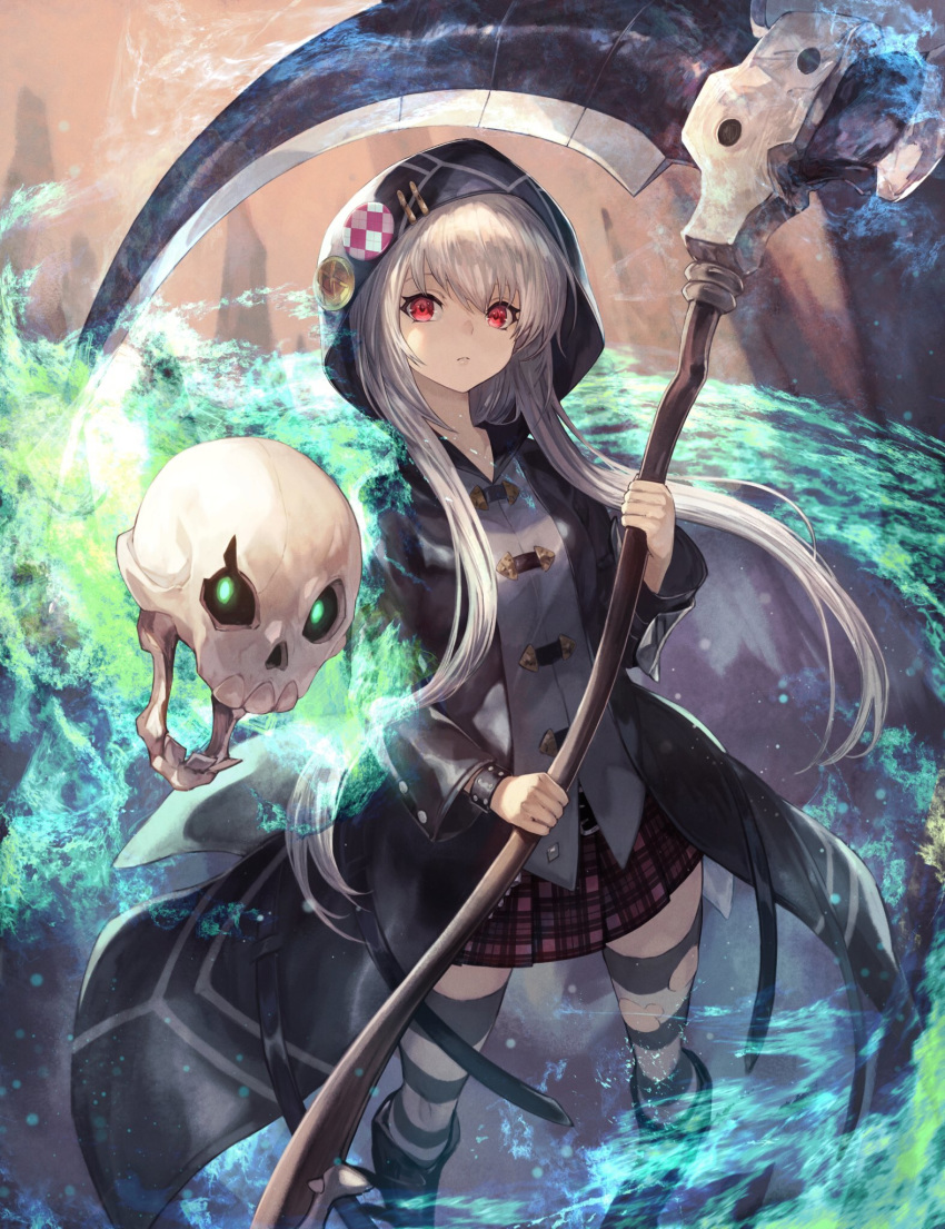 1girl bangs blue_fire character_request closed_mouth fire highres holding holding_weapon hooded_coat long_hair long_sleeves looking_at_viewer othellonia pleated_skirt red_eyes scythe shirataki_jiro silver_hair skirt skull solo striped striped_legwear studded_bracelet thigh-highs weapon