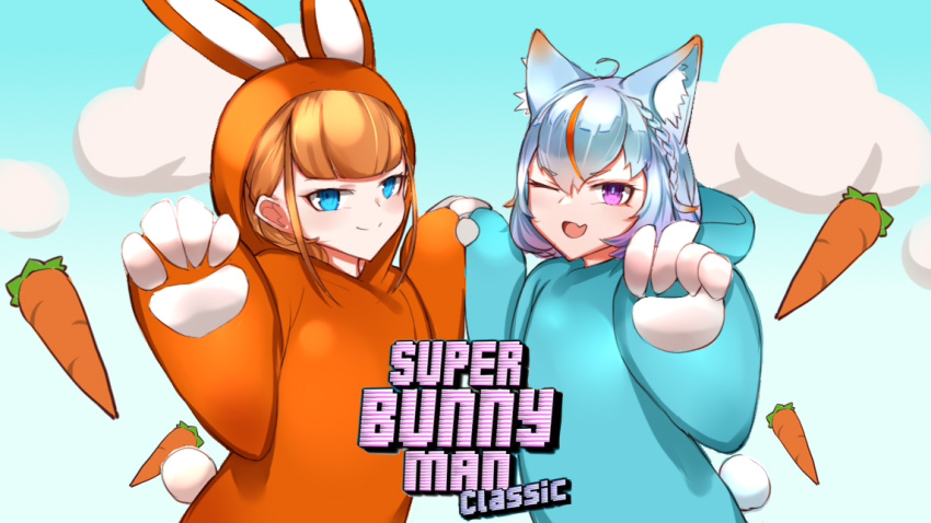 2girls ;d andou_inari animal_costume animal_ears bangs blue_background blue_eyes brown_hair bunny_costume carrot character_request choumi_wuti_(xueye_fanmang_zhong) closed_mouth clouds copyright_name english_text eyebrows_visible_through_hair fake_animal_ears fang gradient gradient_background hair_between_eyes hands_up multicolored_hair multiple_girls one_eye_closed open_mouth orange_hair rabbit_ears silver_hair smile streaked_hair super_bunny_man violet_eyes virtual_youtuber virtuareal