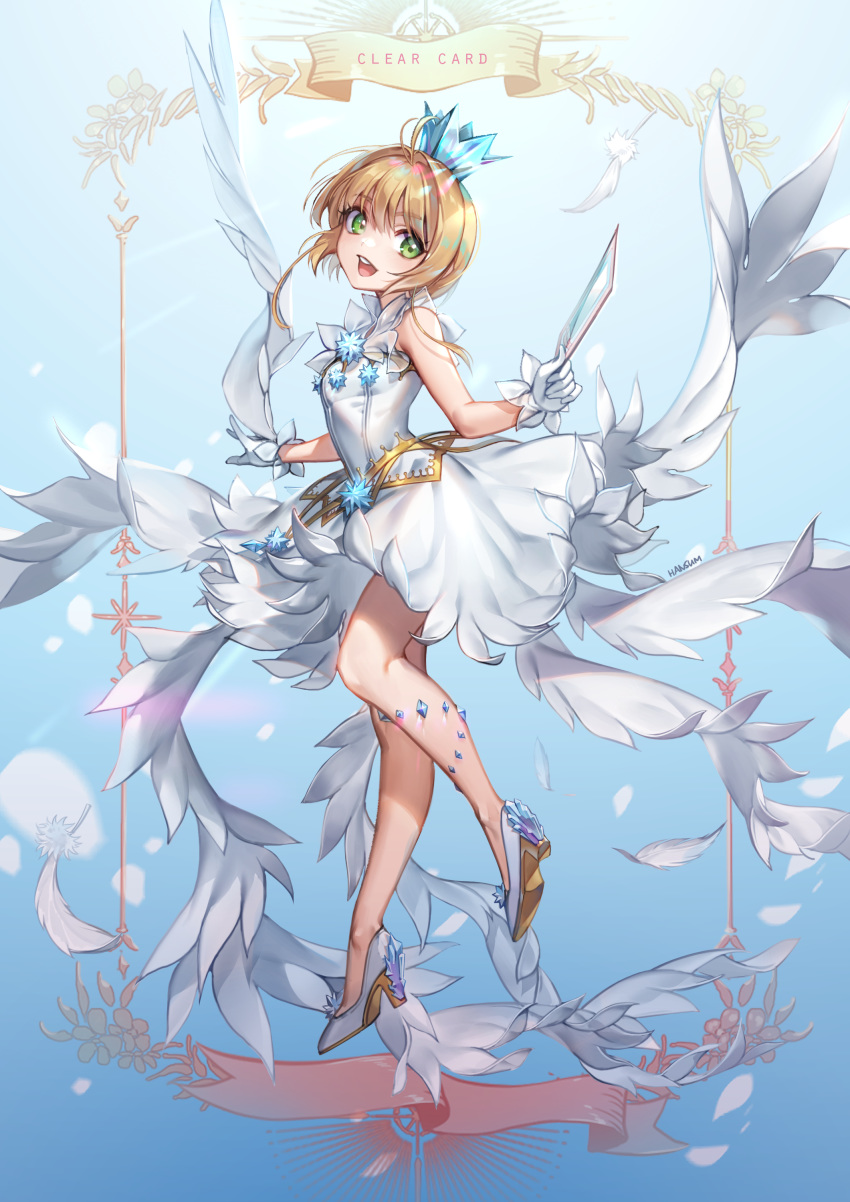 1girl :d absurdres antenna_hair bangs blonde_hair cardcaptor_sakura dress eyebrows_visible_through_hair from_side full_body gloves green_eyes hair_between_eyes hair_intakes hansum head_tilt high_heels highres holding kinomoto_sakura looking_at_viewer open_mouth pumps shiny shiny_hair short_dress short_hair sleeveless sleeveless_dress smile solo white_dress white_footwear white_gloves