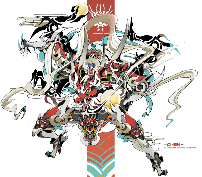 :o absurdres arknights bare_shoulders blue_hair ch'en_(arknights) character_name china_dress chinese_clothes chinese_commentary cleavage_cutout commentary_request crossed_legs double_bun dragon dragon_horns dress eastern_dragon hair_bun highres holding_orb horns kiseru long_hair looking_at_viewer mecha open_mouth orb pipe red_dress red_eyes red_theme shinnasuka025 sitting sleeveless sleeveless_dress white_background