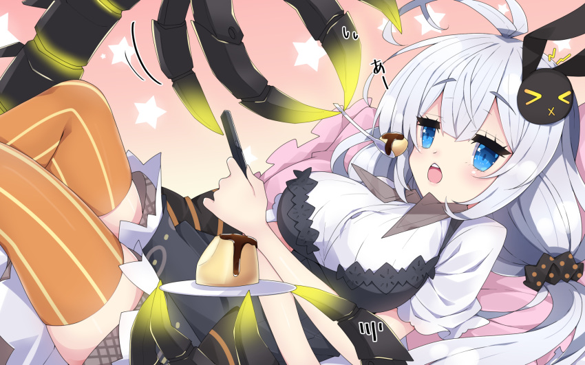 &gt;_&lt; 1girl antenna_hair bangs black_scrunchie blue_eyes blush breasts brown_background bunny_hair_ornament commentary_request dress eyebrows_visible_through_hair feeding feet_out_of_frame food gradient gradient_background grey_dress hair_between_eyes hair_ornament hair_scrunchie highres holding holding_spoon kizuna_akari large_breasts long_hair low_twintails milkpanda open_mouth orange_legwear plate polka_dot polka_dot_scrunchie puddle scrunchie shirt short_sleeves silver_hair solo spoon starry_background striped striped_legwear thigh-highs twintails upper_teeth vertical-striped_legwear vertical_stripes very_long_hair voiceroid white_shirt