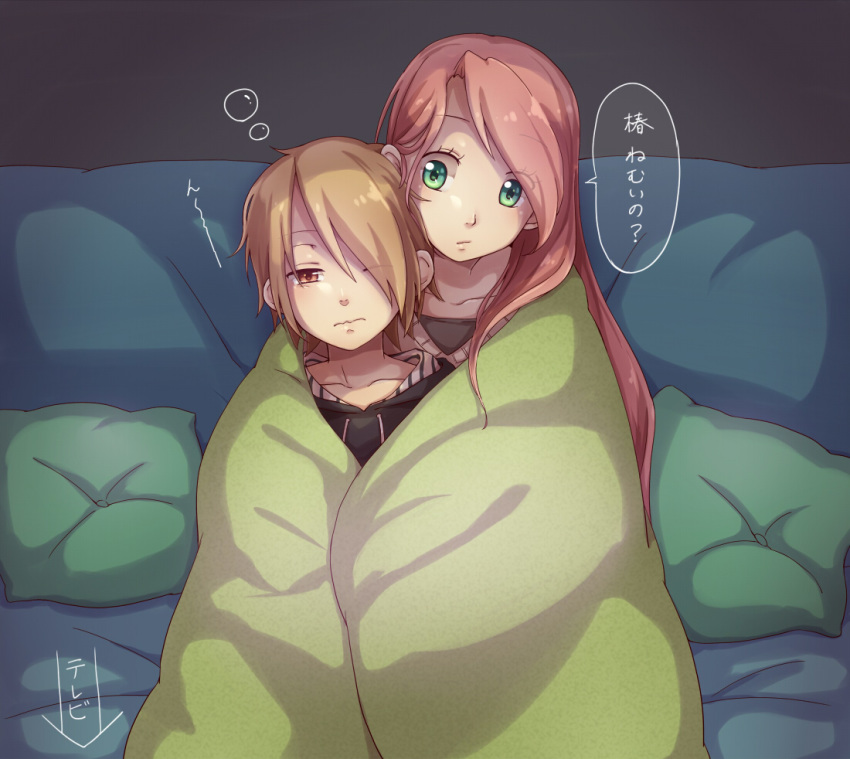 2girls ahoge bangs black_hoodie blanket blonde_hair blush brown_eyes bubble closed_mouth collarbone couch eyebrows_visible_through_hair green_eyes hair_between_eyes hood hoodie hug hug_from_behind jackie012 light_brown_hair long_hair looking_at_another multiple_girls one_eye_closed one_eye_covered open_mouth original pillow shared_blanket shiny shiny_hair short_hair sidelocks sitting swept_bangs translation_request under_covers wife_and_wife yuri