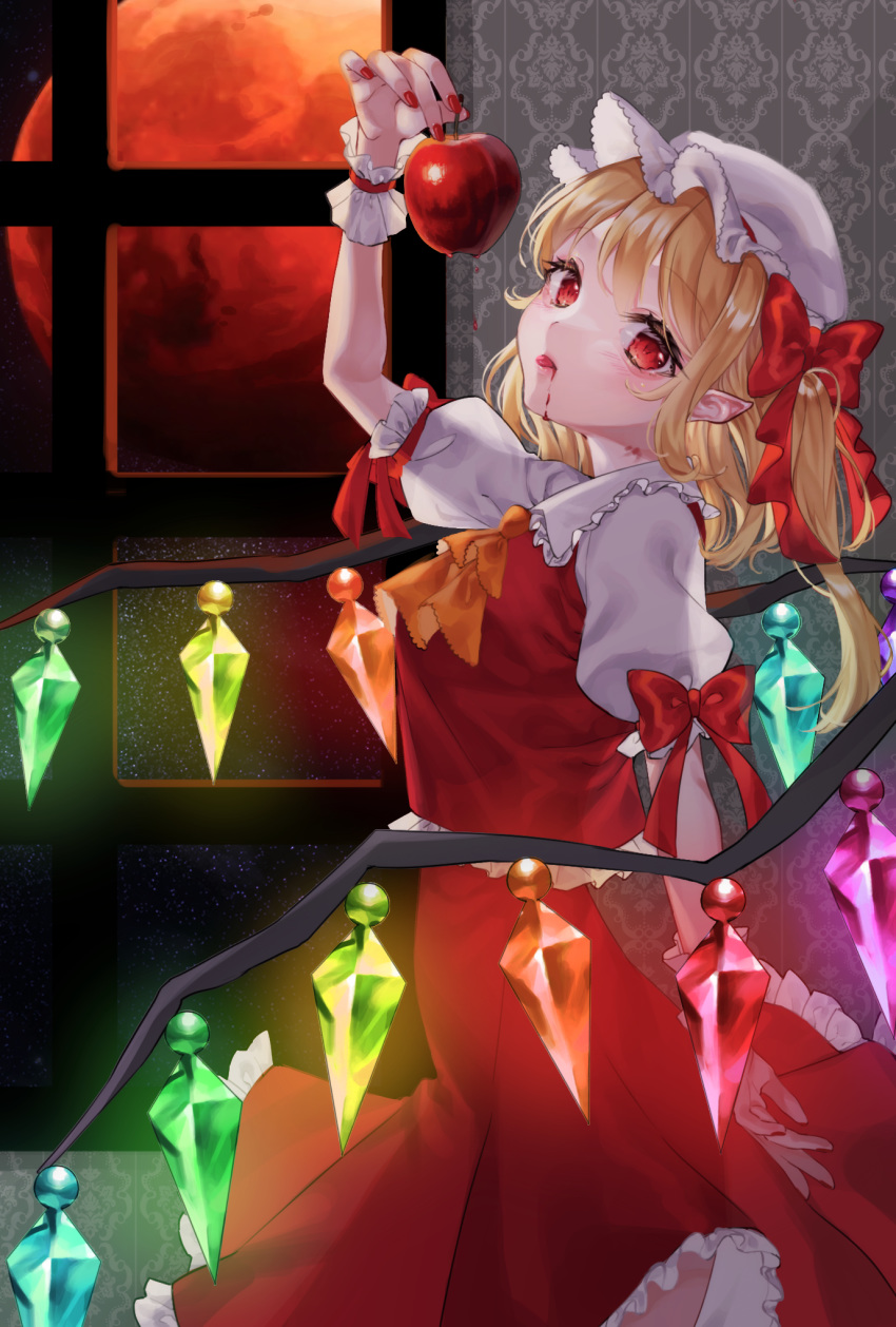 1girl blonde_hair bow flandre_scarlet food frilled_skirt frills fruit hair_bow hat highres holding holding_food holding_fruit indoors long_hair long_skirt looking_at_viewer moon nail_polish pleated_skirt pointy_ears poko_(user_nyfd7873) red_apple red_bow red_eyes red_moon red_nails red_shirt red_skirt shiny shiny_hair shirt short_sleeves side_ponytail skirt skirt_set solo tongue tongue_out touhou white_headwear white_sleeves wings wrist_cuffs