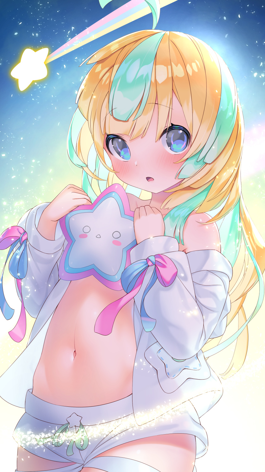 1girl absurdres ahoge amakawa_hano bettle_(b_s_a_n) blonde_hair blue_eyes blush hair_ornament highres long_hair long_sleeves looking_at_viewer midriff multicolored_hair navel open_mouth re:act shooting_star smile solo standing star_(symbol) stuffed_toy two-tone_hair virtual_youtuber