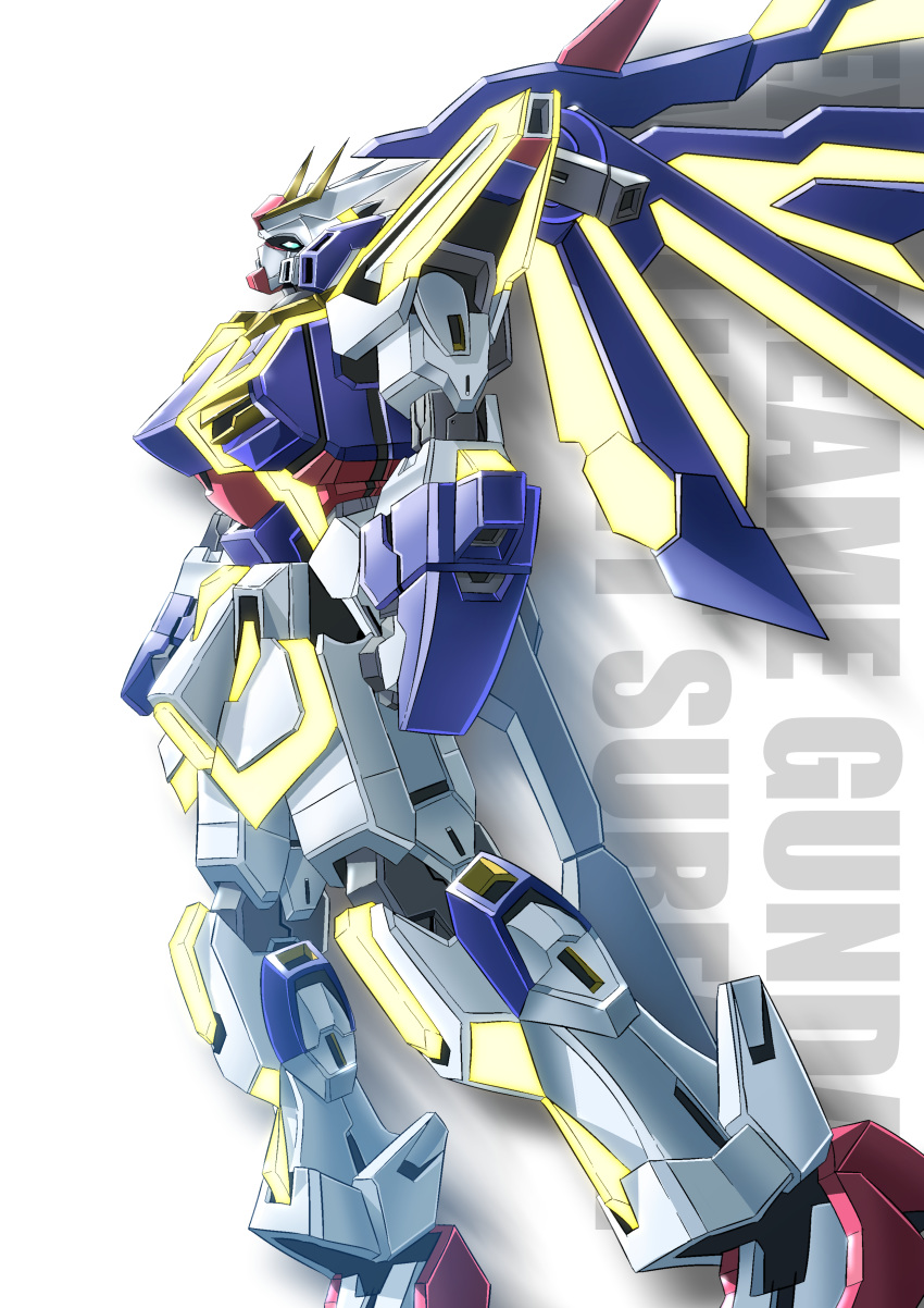 absurdres blue_eyes clenched_hands destiny549-2 extreme_gundam_type_leo_ii_vs flying from_side gundam gundam_exa gundam_exa_vs highres looking_up mecha mechanical_wings no_humans solo white_background wings