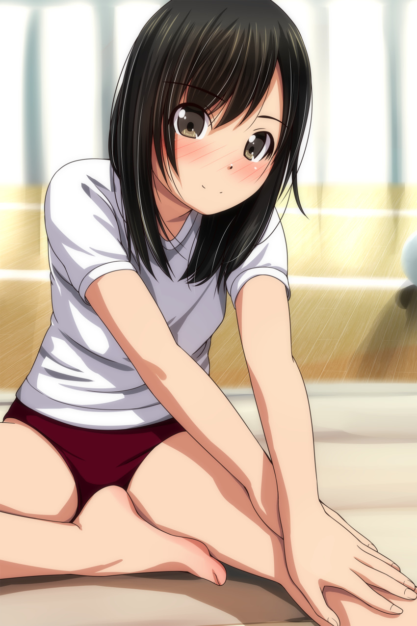 1girl absurdres bangs barefoot black_hair blurry blurry_background blush brown_eyes buruma closed_mouth depth_of_field eyebrows_visible_through_hair highres indoors leaning_forward long_hair looking_at_viewer matsunaga_kouyou nose_blush original red_buruma shirt short_sleeves sitting smile solo white_shirt