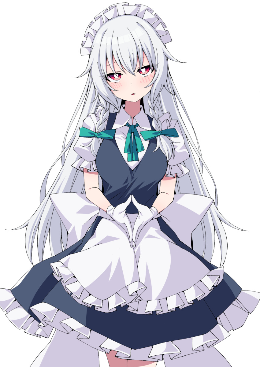 1girl alternate_hair_length alternate_hairstyle blush bow braid breasts commentary_request gloves green_ribbon grey_hair hair_between_eyes hair_ribbon highres izayoi_sakuya large_bow large_breasts long_hair looking_at_viewer maid maid_dress maid_headdress open_mouth puffy_short_sleeves puffy_sleeves red_eyes ribbon short_sleeves simple_background solo touhou tsukimirin twin_braids white_background white_bow white_gloves