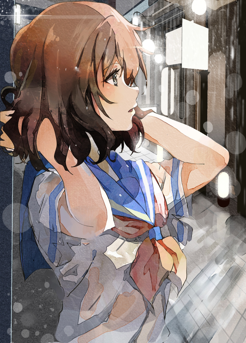 1girl brown_eyes brown_hair eyebrows_visible_through_hair hand_in_hair hands_up hibike!_euphonium highres kataru_(ubw-emiya) kitauji_high_school_uniform neckerchief open_mouth oumae_kumiko parted_lips pink_neckwear profile sailor_collar school_uniform serafuku short_hair solo