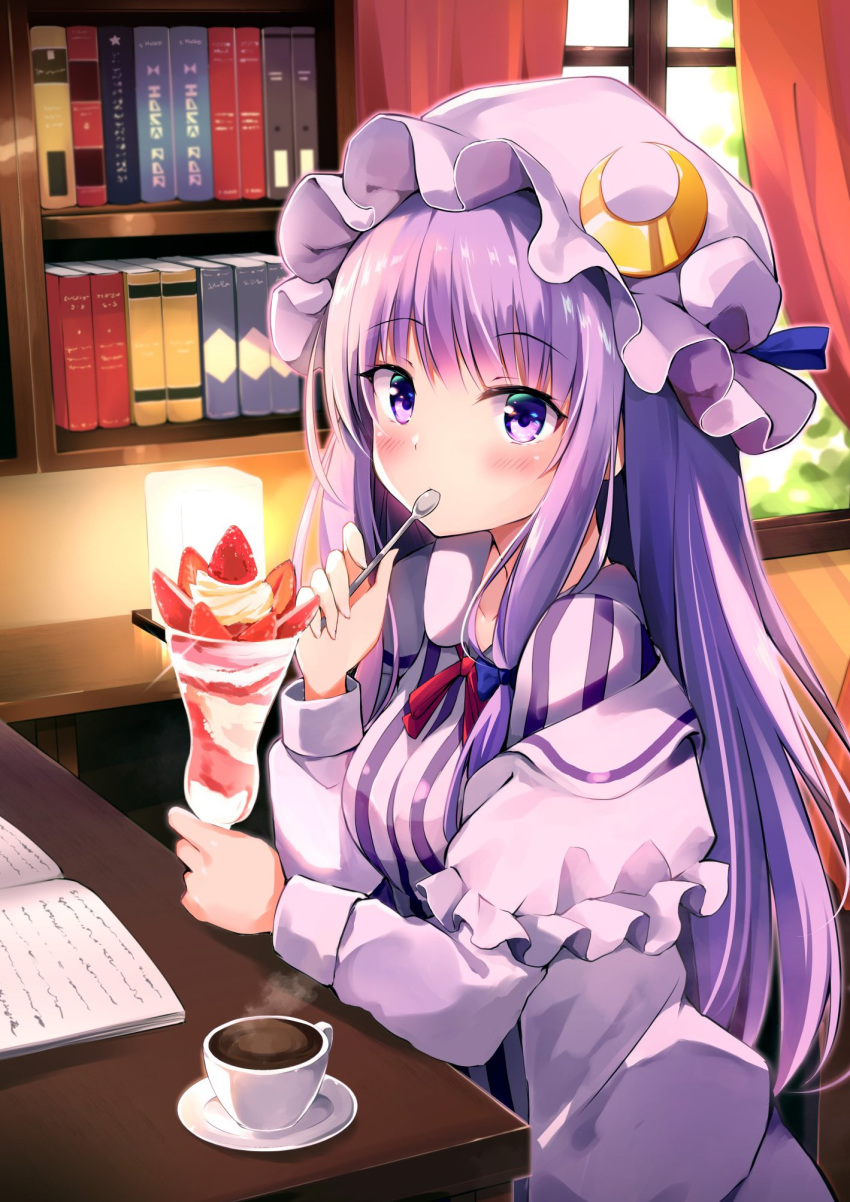 1girl bangs blush book bookshelf breasts commentary_request crescent crescent_hair_ornament cup curtains dress eyebrows_visible_through_hair food frills fruit hair_ornament hand_up hat highres holding holding_spoon hyurasan indoors long_hair long_sleeves looking_at_viewer mob_cap patchouli_knowledge purple_dress purple_hair purple_headwear small_breasts solo spoon strawberry striped teacup touhou upper_body vertical-striped_dress vertical_stripes violet_eyes window