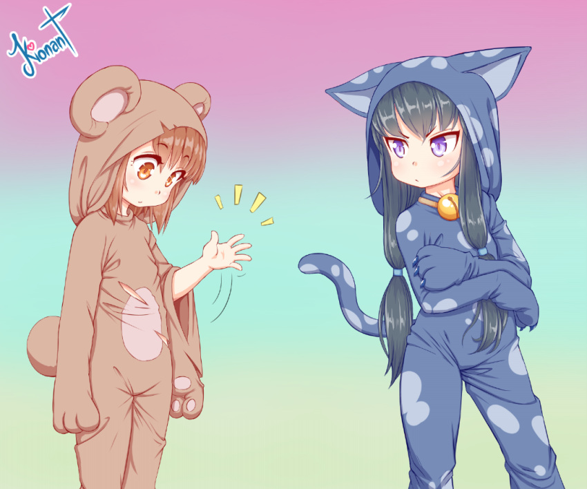 2girls animal_ears artist_name bangs bear_ears bear_tail bell bell_collar black_hair blush brown_hair cat_ears cat_tail claws closed_mouth collar crossed_arms english_commentary eyebrows_visible_through_hair fake_animal_ears fake_tail flat_chest gradient gradient_background hair_ribbon hand_up hood jingle_bell kionant legs_apart legs_together long_hair long_sleeves looking_at_another looking_down motion_lines multiple_girls notice_lines onesie open_mouth orange_eyes original ribbon shiny shiny_hair short_hair signature simple_background standing tail tied_hair torn_clothes tress_ribbon twintails violet_eyes