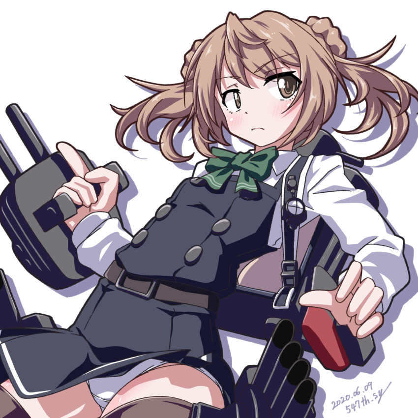 1girl 547th_sy bangs black_dress blush bow bowtie brown_eyes closed_mouth dated double_bun dress eyebrows_visible_through_hair green_neckwear highres kantai_collection light_brown_hair long_sleeves michishio_(kantai_collection) panties pinafore_dress remodel_(kantai_collection) rigging searchlight shirt short_twintails signature simple_background solo thigh-highs twintails underwear white_background white_panties white_shirt
