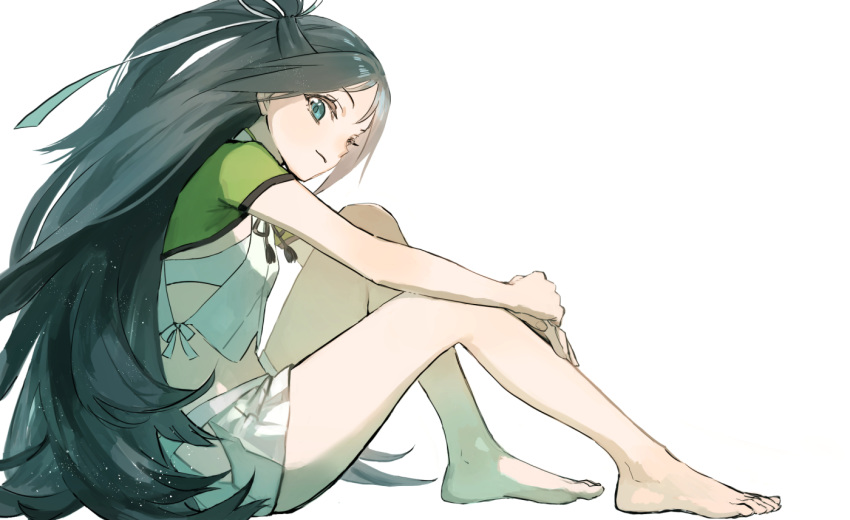 1girl bangs barefoot black_hair blue_eyes closed_mouth flat_chest from_side hair_ribbon hip_vent japanese_clothes kantai_collection katsuragi_(kantai_collection) long_hair ponytail ribbon short_sleeves simple_background sitting skirt solo suzuka_(suzuka9111) white_background white_skirt