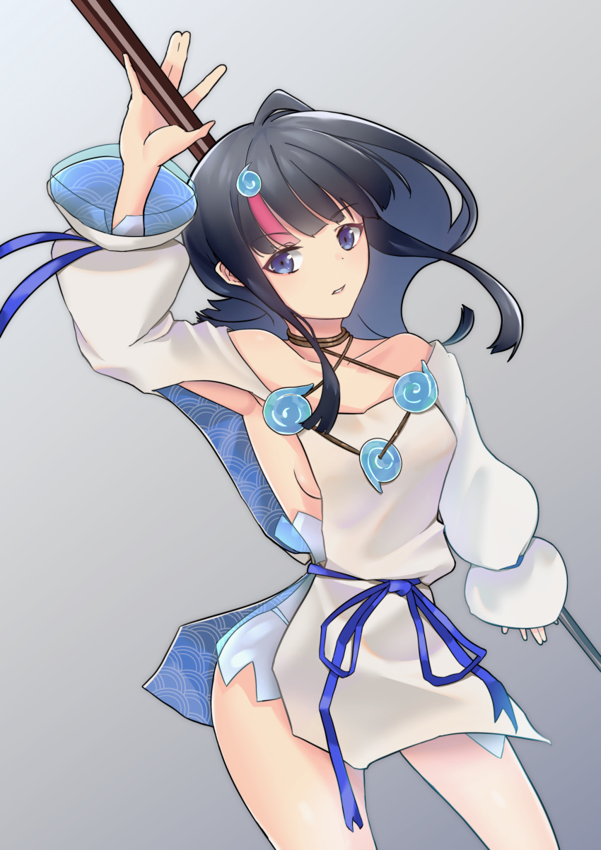 1girl absurdres arm_up armpits bangs bare_shoulders black_hair blue_eyes blue_ribbon blush breasts collarbone dress fate/grand_order fate/requiem fate_(series) gradient gradient_background grey_background highres jewelry long_sleeves looking_at_viewer magatama magatama_hair_ornament medium_breasts medium_hair multicolored_hair necklace niwaka_negi parted_lips pelvic_curtain pink_hair polearm puffy_long_sleeves puffy_sleeves ribbon short_dress sideboob sideless_outfit spear streaked_hair thighs utsumi_erise weapon white_dress