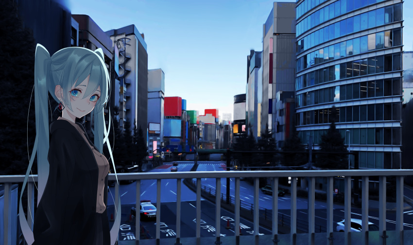 1girl aqua_eyes aqua_hair black_jacket brown_shirt building car cityscape earrings from_side ground_vehicle handrail hatsune_miku highres highway jacket jewelry kazuna_(kazzzuna) long_hair looking_at_viewer looking_to_the_side motor_vehicle photo-referenced police_car road shirt smile solo standing street twintails upper_body very_long_hair vocaloid