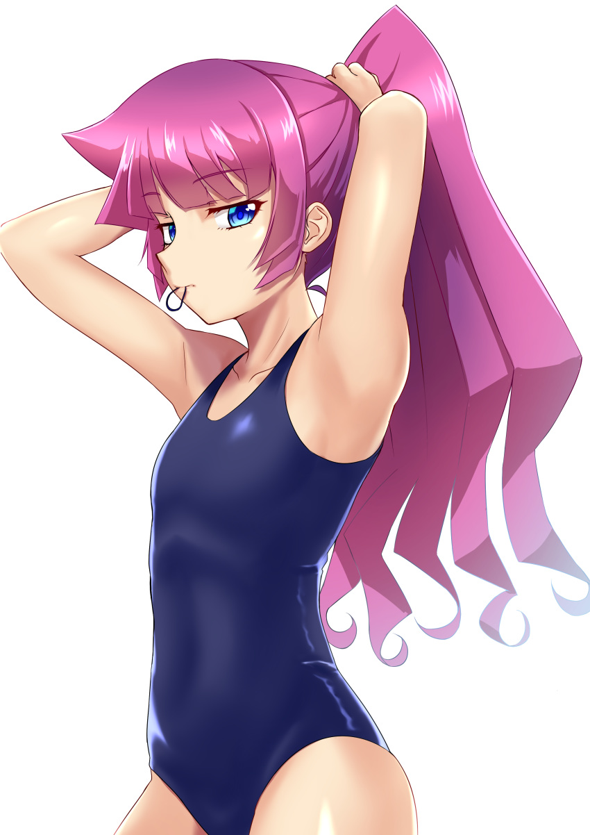 1girl absurdres armpits bangs blue_eyes blue_swimsuit breasts collarbone eyebrows_visible_through_hair high_ponytail highres kirishima_romin long_hair looking_at_viewer mouth_hold muto_dt pink_hair school_swimsuit shiny shiny_hair simple_background small_breasts solo standing swimsuit tying_hair very_long_hair white_background yu-gi-oh! yu-gi-oh!_sevens