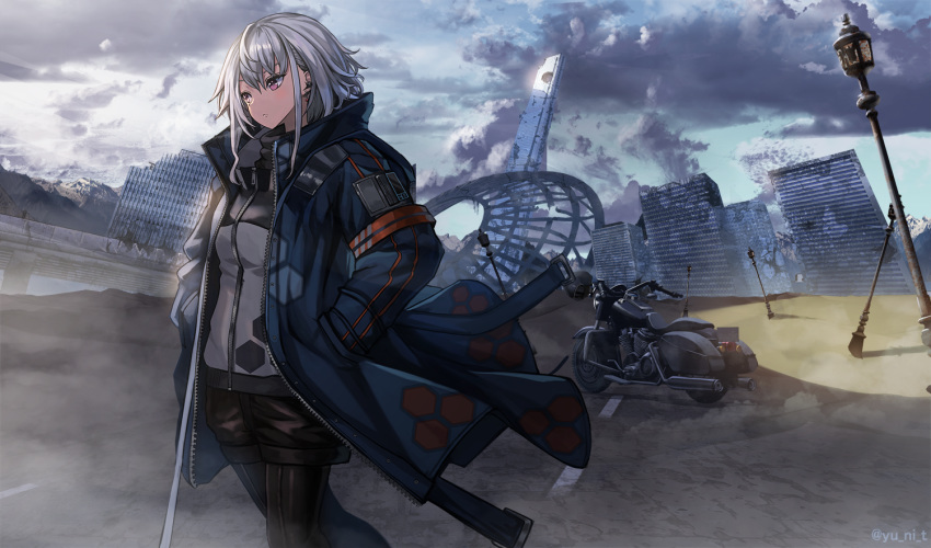 1girl bangs black_legwear clouds coat earrings fantasy grey_hair ground_vehicle hands_in_pockets jewelry layered_clothing motor_vehicle motorcycle open_clothes open_coat original outdoors red_eyes ruins short_hair_with_long_locks solo yu_ni_t zipper zipper_pull_tab