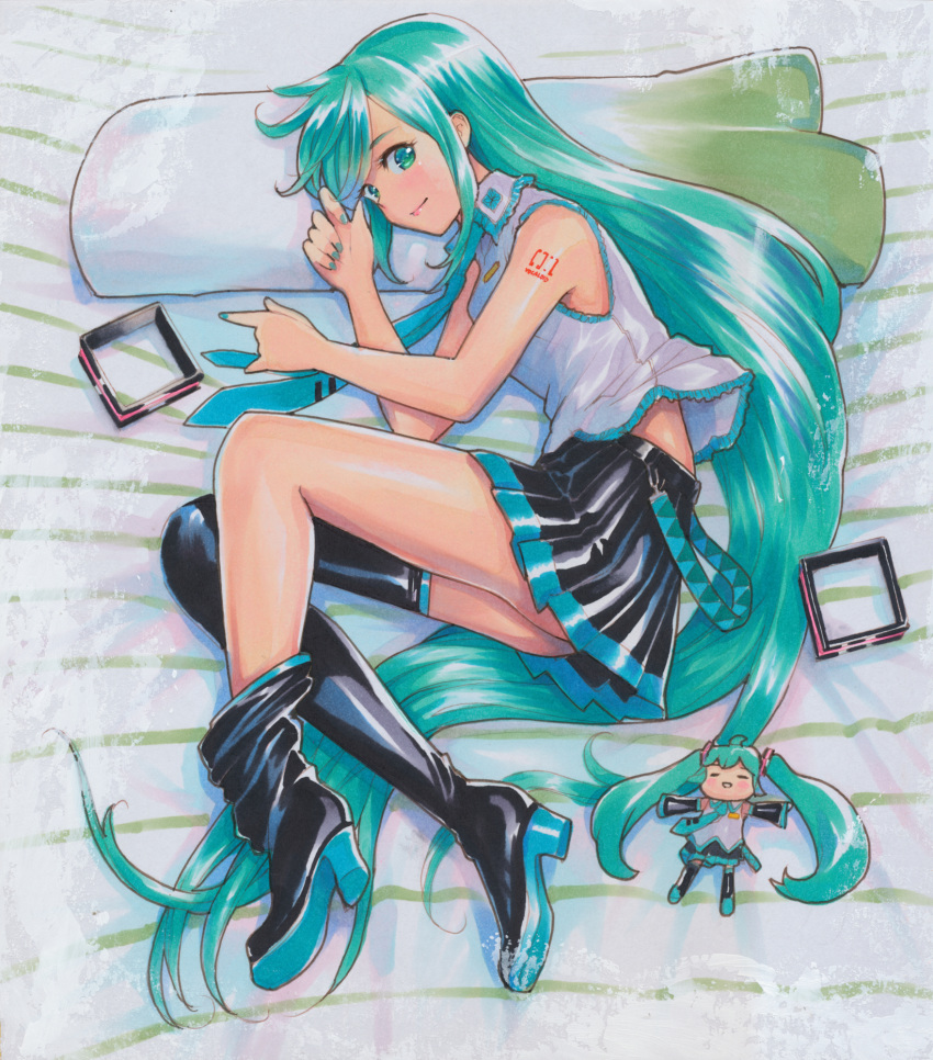 1girl aqua_eyes aqua_hair aqua_neckwear bangs bare_arms bare_shoulders bed_sheet black_footwear black_skirt boots breasts character_doll closed_mouth collared_shirt doll english_commentary fetal_position from_above full_body green_eyes green_hair green_nails grey_shirt hair_down hair_ornament hatsune_miku high_heel_boots high_heels highres lipstick long_hair looking_at_viewer lying makeup marker_(medium) mayo_riyo miniskirt mismatched_footwear nail_polish necktie on_bed on_side pillow pleated_skirt shirt shoe_soles shoulder_tattoo sideways_glance skirt sleeveless sleeveless_shirt small_breasts smile solo spring_onion swept_bangs tattoo themed_object thigh-highs thigh_boots traditional_media very_long_hair vocaloid