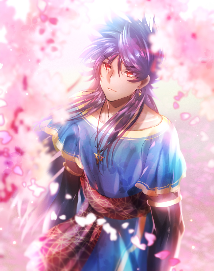 1boy absurdres bangs black_sleeves blurry_foreground cherry_blossoms closed_mouth collarbone detached_sleeves earrings eyebrows_visible_through_hair fate/grand_order fate_(series) hair_between_eyes highres huge_filesize jewelry long_hair long_sleeves male_focus necklace onasu_(sawagani) pink_background purple_hair red_eyes romulus_quirinus_(fate/grand_order) shiny shiny_hair solo tunic