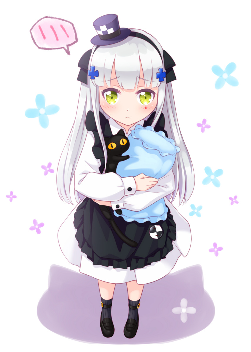 1girl animal apron bangs black_apron black_bow black_cat black_footwear black_hairband blush bow cat closed_mouth commentary_request dress eyebrows_visible_through_hair facial_mark frilled_apron frills full_body girls_frontline green_eyes grey_legwear hair_bow hair_ornament hairband haradaiko_(arata_himeko) hat highres hk416_(girls_frontline) loafers long_sleeves mini_hat pillow pillow_hug pleated_dress puffy_long_sleeves puffy_sleeves purple_headwear ribbed_legwear shoes sleeves_past_wrists socks solo spoken_blush standing tilted_headwear white_background white_dress younger