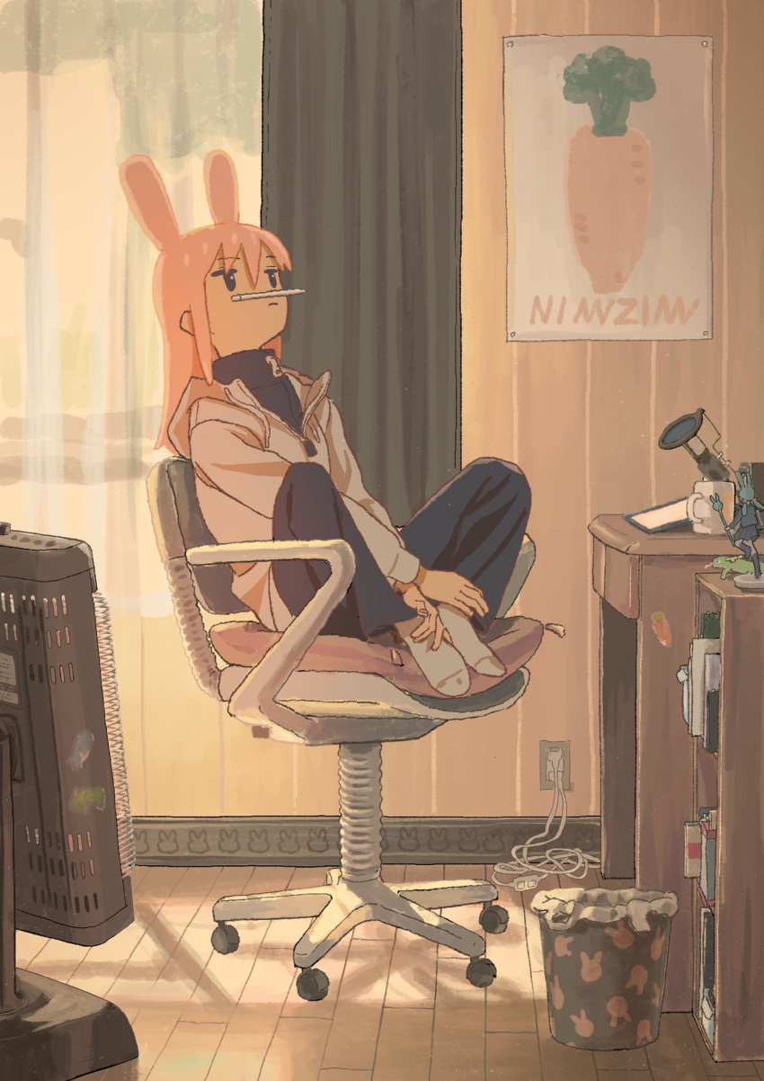 1girl animal_ears animal_print bored bunny_print carrot chair commentary cup curtains cushion desk feet_on_chair figure full_body heater highres holding_own_foot hood hood_down hoodie knees_apart_feet_together light_frown long_hair long_sleeves looking_away mug nerio_(neri_akira) no_shoes office_chair original pants pencil pencil_mustache pink_hair poster_(object) rabbit_ears sitting socks solo sticker thinking trash_can wooden_floor