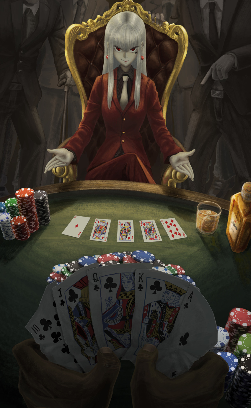 1girl 1other 4boys absurdres alcohol black_neckwear bottle cane card chair closed_mouth crossed_legs cup dice_earrings earrings facial_mark formal gambling gloves highres holding holding_cane holding_card jewelry jin_rey long_hair multiple_boys necktie original pointing poker_chip pov red_eyes red_lips red_suit sitting smile standing suit white_gloves white_hair white_neckwear