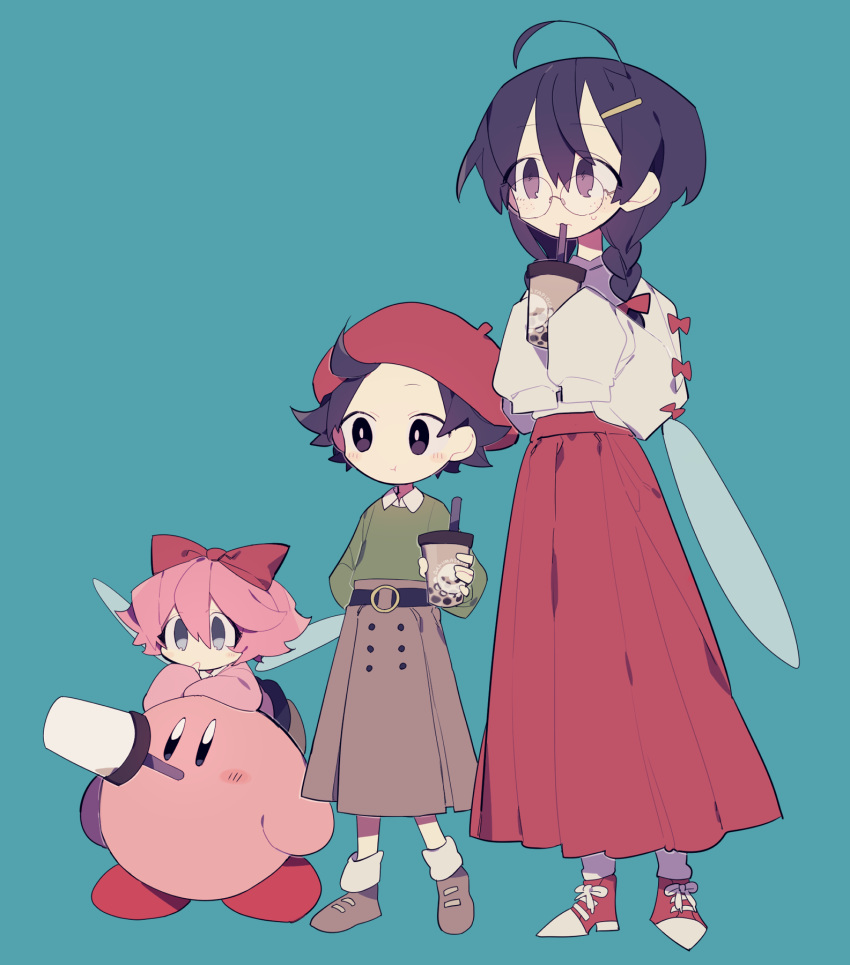 3girls adeleine belt black_eyes black_hair braid brown_skirt bubble_tea chewing drinking fairy fairy_wings finger_to_mouth glasses green_shirt higa423 highres kirby kirby_(series) kirby_64 long_sleeves multiple_girls pink_hair pink_shirt red_headwear red_ribbon red_skirt ribbon ribbon_(kirby) ripple_star_queen shirt skirt straw twin_braids white_shirt wings