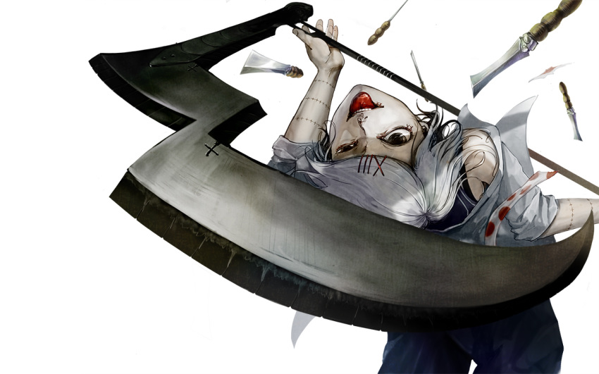 1boy bare_shoulders black_eyes cross fingernails grey_hair hair_ornament holding holding_scythe holding_weapon knife male_focus needle polka_dot scythe simple_background sleeves_rolled_up smile solo stitches suzuya_juuzou teeth tokyo_ghoul tongue tongue_out upper_teeth upside-down uruo weapon white_background x_hair_ornament