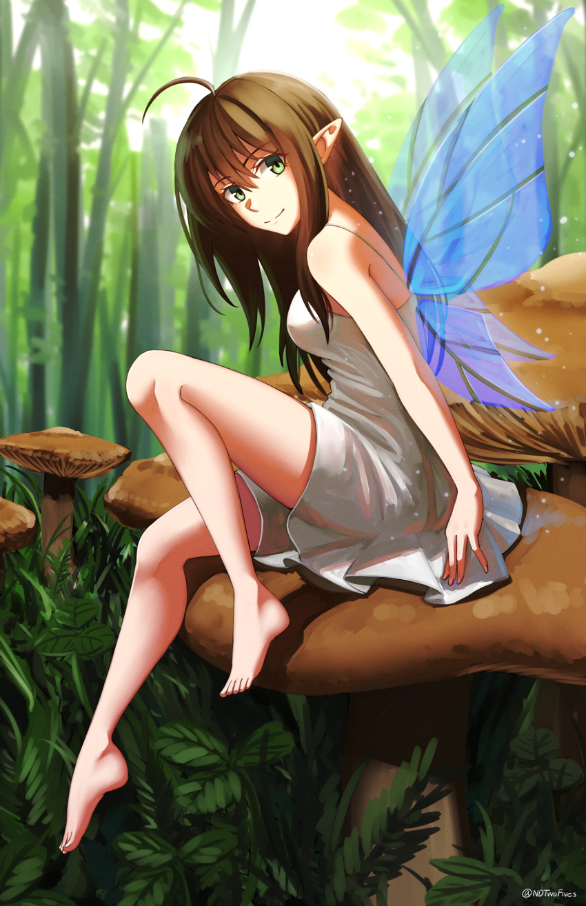 1girl absurdres ahoge bangs bare_arms bare_shoulders barefoot blue_wings breasts brown_hair closed_mouth commentary day dress eyebrows_visible_through_hair fairy fairy_wings forest full_body green_eyes hair_between_eyes highres knee_up medium_breasts mushroom nature ndtwofives original outdoors sitting sleeveless sleeveless_dress smile solo transparent_wings twitter_username white_dress wings