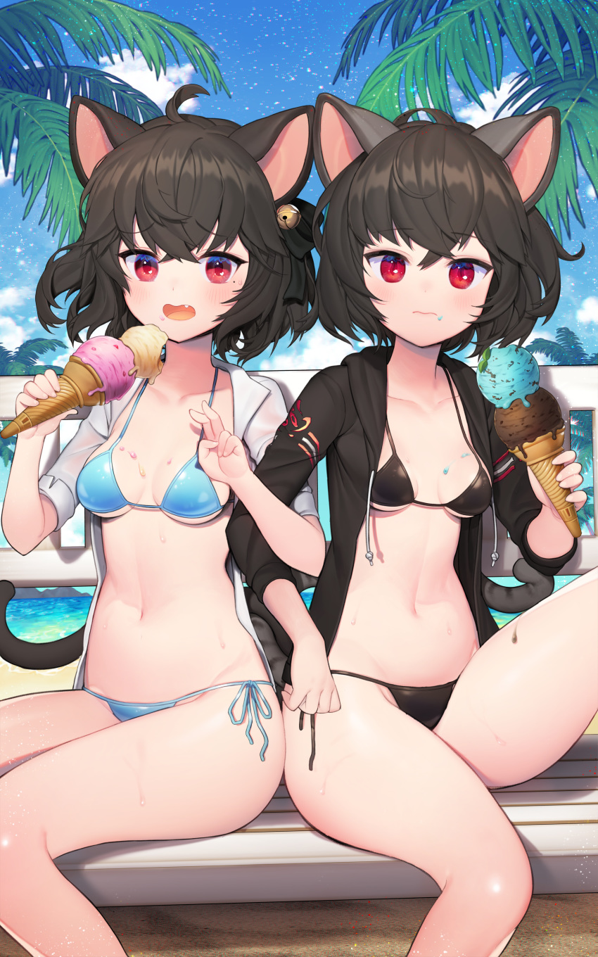 2girls absurdres animal_ears bangs bell bikini black_bikini black_bow black_hair black_jacket blade_&amp;_soul blue_bikini blush bow breasts cat_ears cat_girl cat_tail closed_mouth collared_shirt commentary commission day double_scoop drawstring eyebrows_visible_through_hair fang food food_on_face groin hair_bell hair_between_eyes hair_bow hair_ornament highres holding holding_food hood hood_down hooded_jacket ice_cream ice_cream_cone jacket jingle_bell kuang1104 kuang_(kzhw7588) long_sleeves looking_at_viewer medium_breasts mole mole_under_eye multiple_girls navel open_clothes open_jacket open_mouth open_shirt outdoors palm_tree red_eyes shirt short_sleeves side-tie_bikini sitting swimsuit symbol_commentary tail tree wavy_mouth white_shirt
