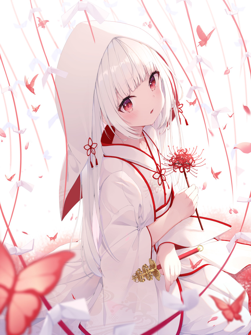 1girl absurdres blush bridal_gauntlets bride bug butterfly commentary dress eyebrows eyebrows_visible_through_hair flower highres hood insect japanese_clothes keis_(locrian1357) kimono long_hair looking_at_viewer original red_eyes seiza silver_hair sitting uchikake wedding_dress white_headwear white_kimono