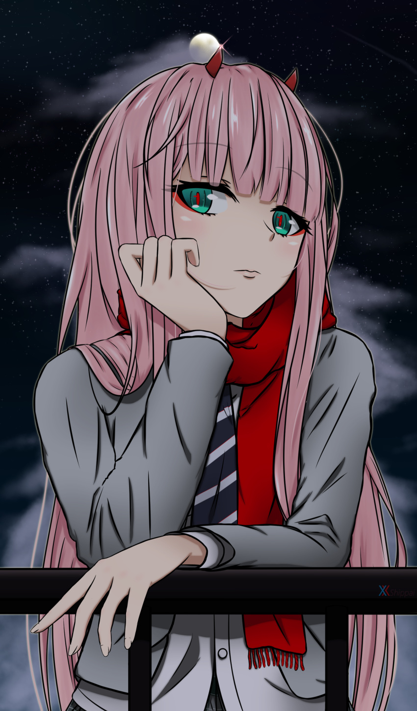 1girl absurdres closed_mouth darling_in_the_franxx highres horns long_hair looking_at_viewer moon necktie oni_horns pink_hair red_horns red_neckwear red_scarf scarf school_uniform shippaidayo solo star_(sky) starry_background zero_two_(darling_in_the_franxx) zero_two_(kirby)
