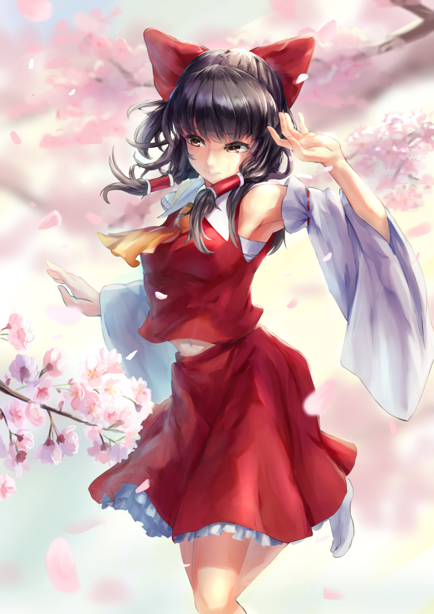 1girl absurdres armpits asllapistone black_hair bow cherry_blossoms day floating_hair hair_bow hair_tubes hakurei_reimu highres layered_skirt long_hair long_sleeves midriff miniskirt outdoors red_bow red_legwear red_ribbon red_shirt red_skirt red_sleeves ribbon ribbon-trimmed_sleeves ribbon_trim sarashi shiny shiny_hair shirt skirt sleeveless sleeveless_shirt solo standing standing_on_one_leg stomach tabi touhou twintails wide_sleeves