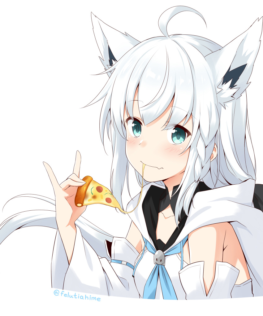 1girl absurdres ahoge animal_ear_fluff animal_ears aqua_eyes artist_name bangs blush braid breasts collarbone commentary_request detached_sleeves eyebrows_visible_through_hair fang felutiahime fox_ears fox_girl fox_tail highres holding_pizza hololive long_hair looking_at_viewer shirakami_fubuki side_braid simple_background skin_fang small_breasts smile solo tail virtual_youtuber white_background white_hair