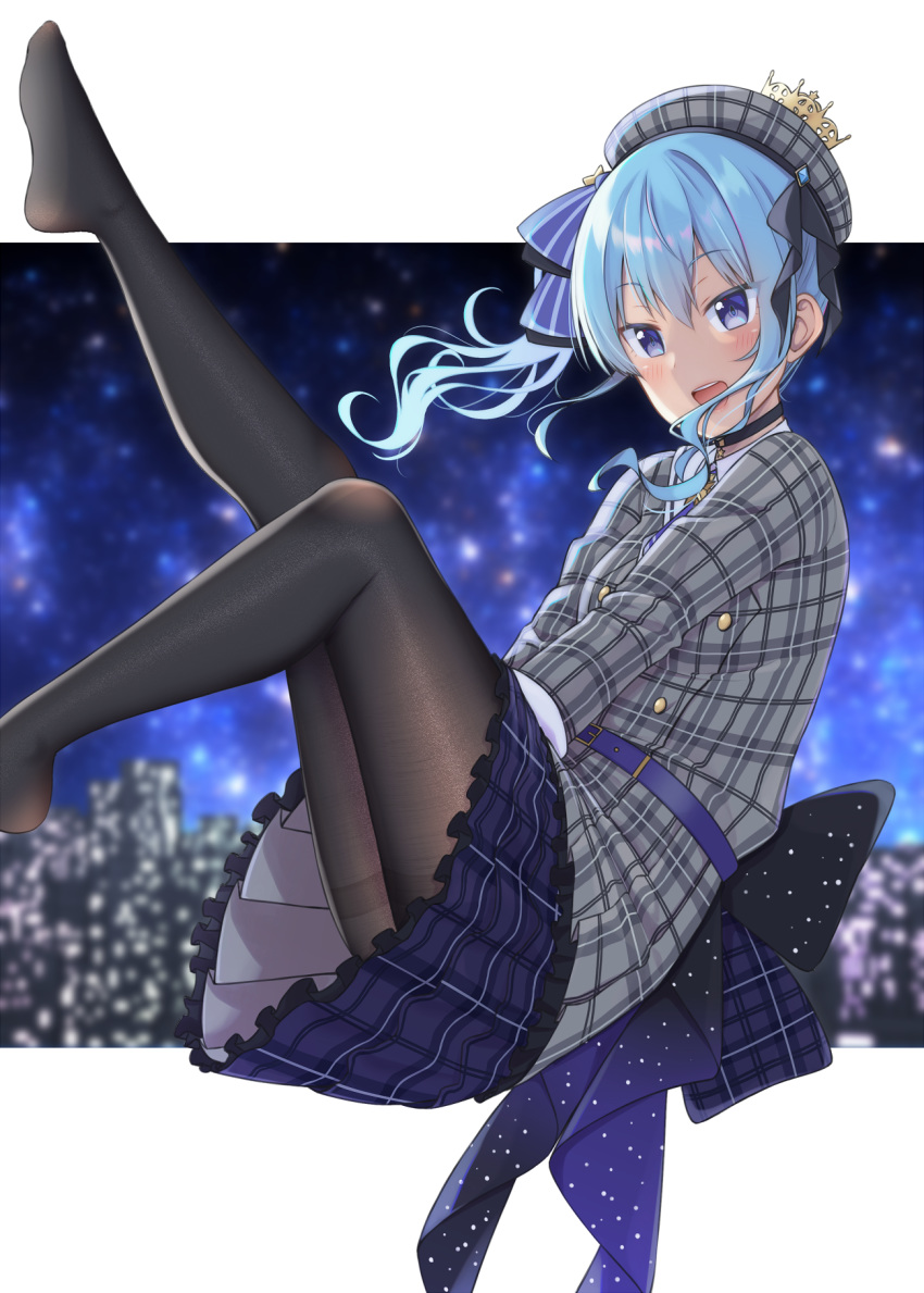 1girl :d bangs beret black_bow black_legwear blue_bow blue_eyes blue_hair blue_skirt blurry blurry_background blush bow commentary_request crown depth_of_field eyebrows_visible_through_hair feet_out_of_frame frilled_skirt frills grey_headwear grey_jacket gurande_(g-size) hair_between_eyes hat highres hololive hoshimachi_suisei jacket knee_up leg_up long_hair looking_at_viewer mini_crown open_mouth pantyhose plaid plaid_bow plaid_headwear plaid_jacket pleated_skirt side_ponytail sidelocks skirt smile solo thighband_pantyhose virtual_youtuber