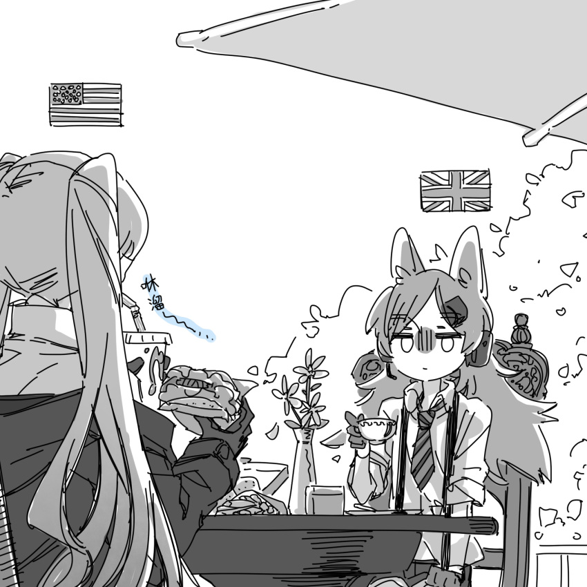 2girls american_flag animal_ears cat_ears commentary_request cup drinking eating flower food french_fries girls_frontline gloves hamburger headset highres holding holding_food idw_(girls_frontline) long_hair lwmmg_(girls_frontline) monochrome multiple_girls necktie staring su_xiao_jei suspenders tea teacup twintails union_jack