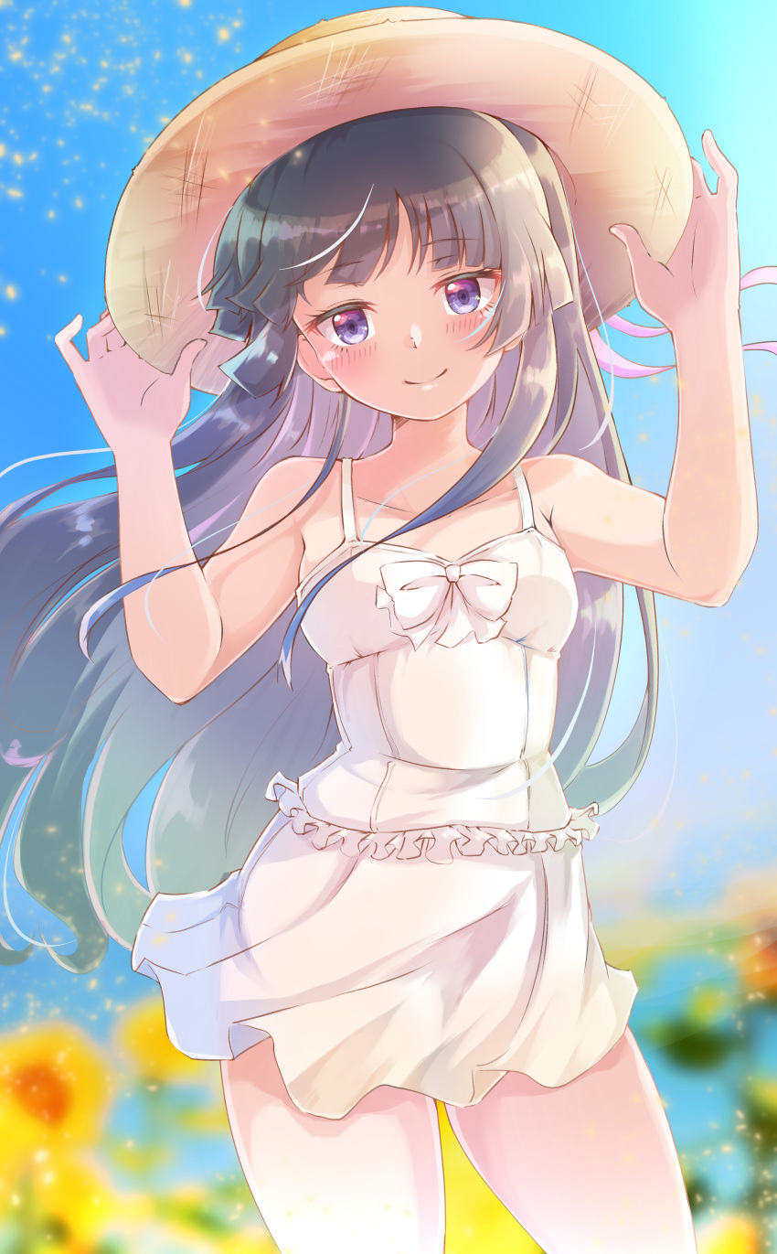 1girl absurdres bangs black_hair blurry blush breasts closed_mouth commentary_request day depth_of_field dress dress_bow eyebrows_visible_through_hair flower frilled_dress frills gokou_ruri hands_on_headwear hat highres long_hair looking_at_viewer ore_no_imouto_ga_konna_ni_kawaii_wake_ga_nai outdoors shinonome_mozuku shiny shiny_hair sleeveless smile solo sun_hat sunflower very_long_hair violet_eyes white_dress