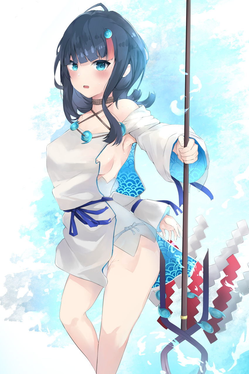 1girl absurdres bangs bare_shoulders black_hair blue_background blue_eyes blue_ribbon blush breasts collarbone dress fate/grand_order fate/requiem fate_(series) fundoshi highres japanese_clothes jewelry large_breasts long_sleeves looking_at_viewer magatama magatama_hair_ornament medium_hair megu_(pixiv9460065) multicolored_hair necklace open_mouth pelvic_curtain pink_hair polearm puffy_long_sleeves puffy_sleeves ribbon short_dress sideboob sideless_outfit spear streaked_hair thighs utsumi_erise weapon white_dress