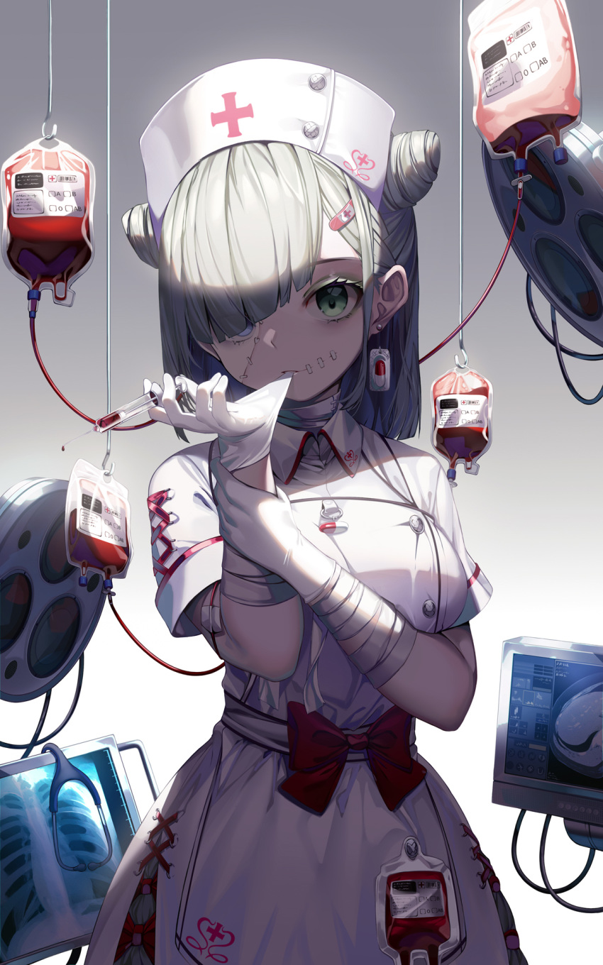 1girl arm_grab bandaged_arm bandaged_neck bandages bangs blood blue_eyes breasts brown_eyes check_copyright copyright_request ggpercent gloves gradient gradient_background grey_background hair_over_one_eye hat heterochromia highres holding holding_syringe in_mouth large_breasts looking_at_viewer medium_hair nurse nurse_cap original red_ribbon ribbon short_sleeves solo syringe white_background white_gloves
