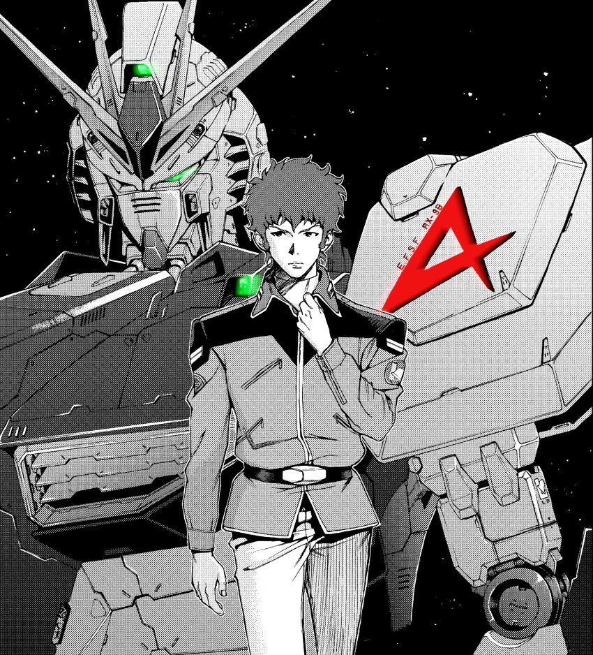 1boy amuro_ray char's_counterattack earth_federation green_eyes gundam highres hiyon_k looking_down looking_to_the_side mecha monochrome nib_pen_(medium) nu_gundam space traditional_media uniform v-shaped_eyebrows