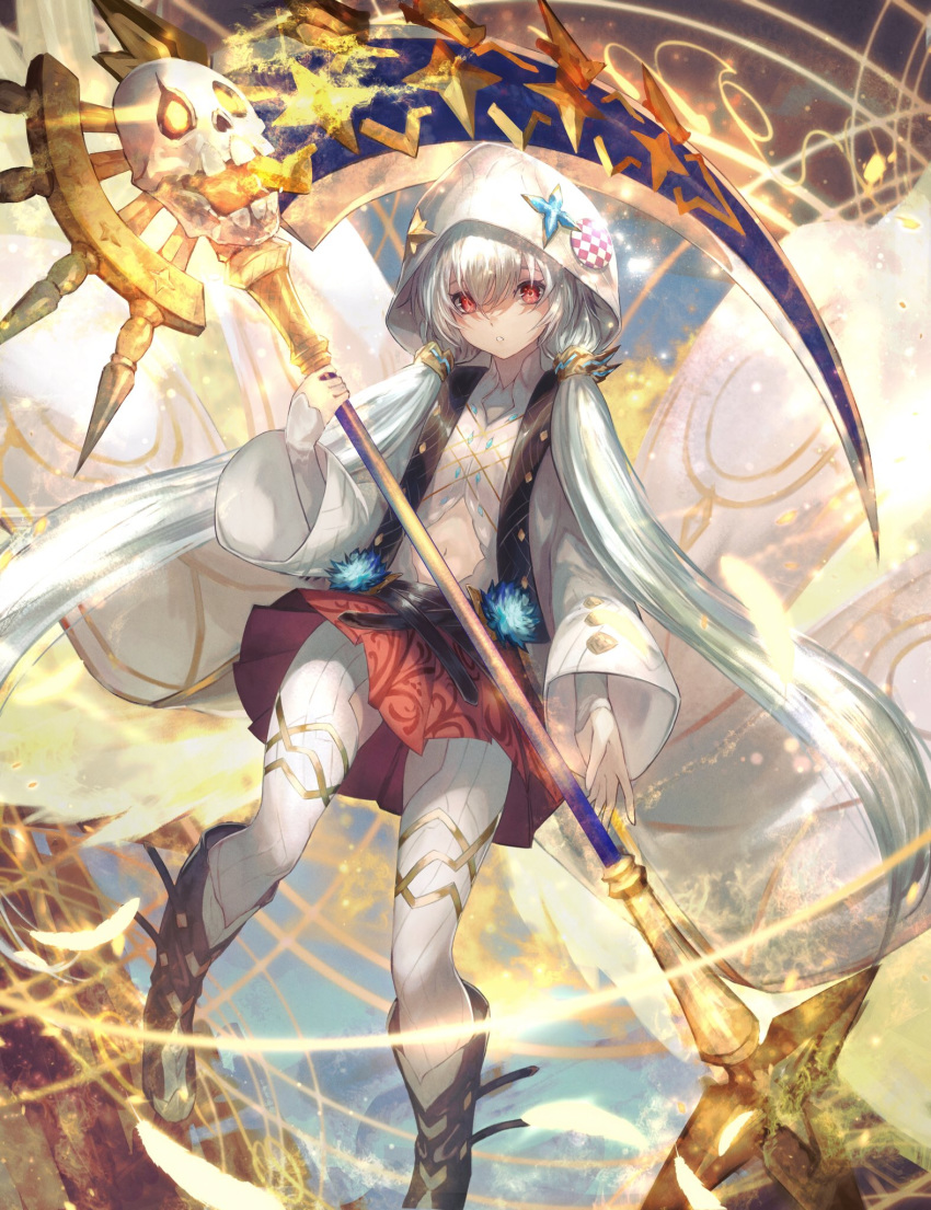 1girl bangs character_request hair_ornament highres holding holding_weapon hooded_coat long_hair long_sleeves looking_at_viewer low_twintails navel othellonia parted_lips red_eyes red_skirt scythe shirataki_jiro silver_hair skirt solo thigh-highs twintails very_long_hair weapon white_legwear